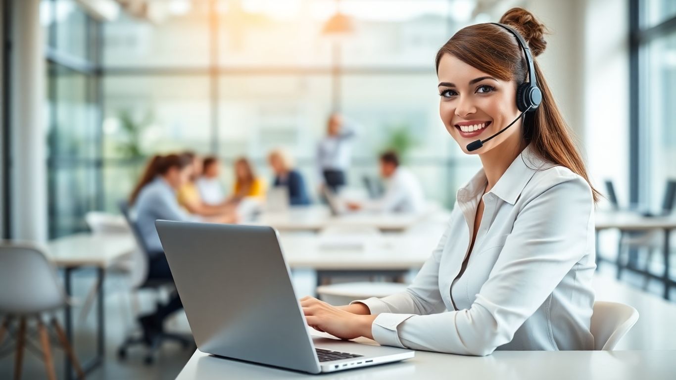 Businesswoman with headset at modern office desk smiling