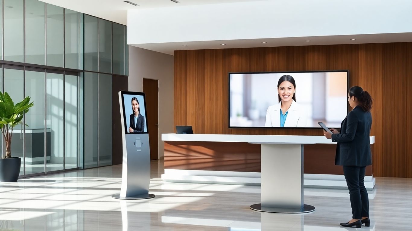 Virtual receptionist kiosk and person scheduling appointment in office