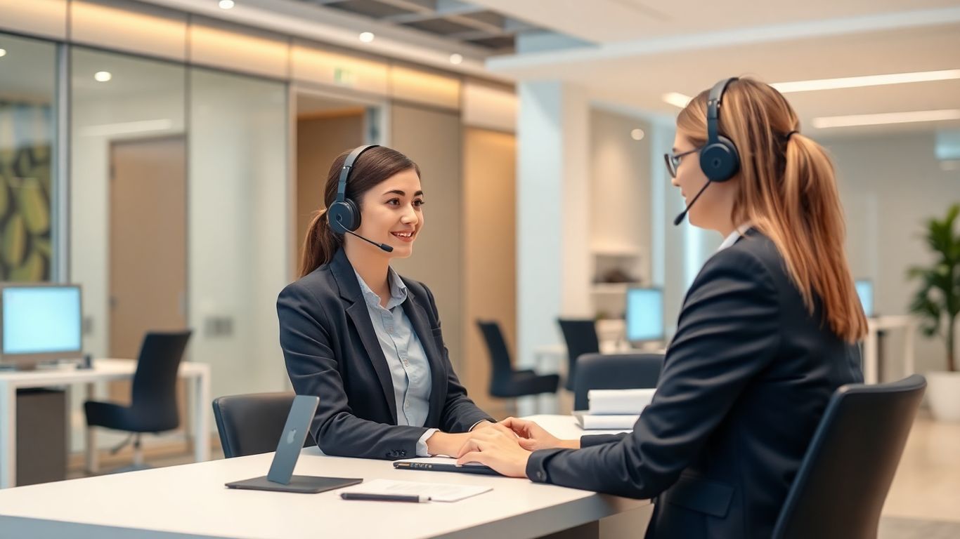 Receptionist assisting client in a modern virtual office