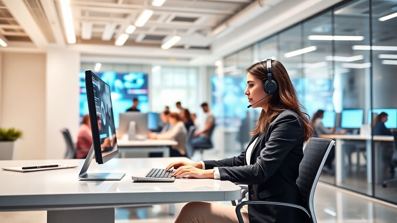 Receptionist with headset in modern office workspace