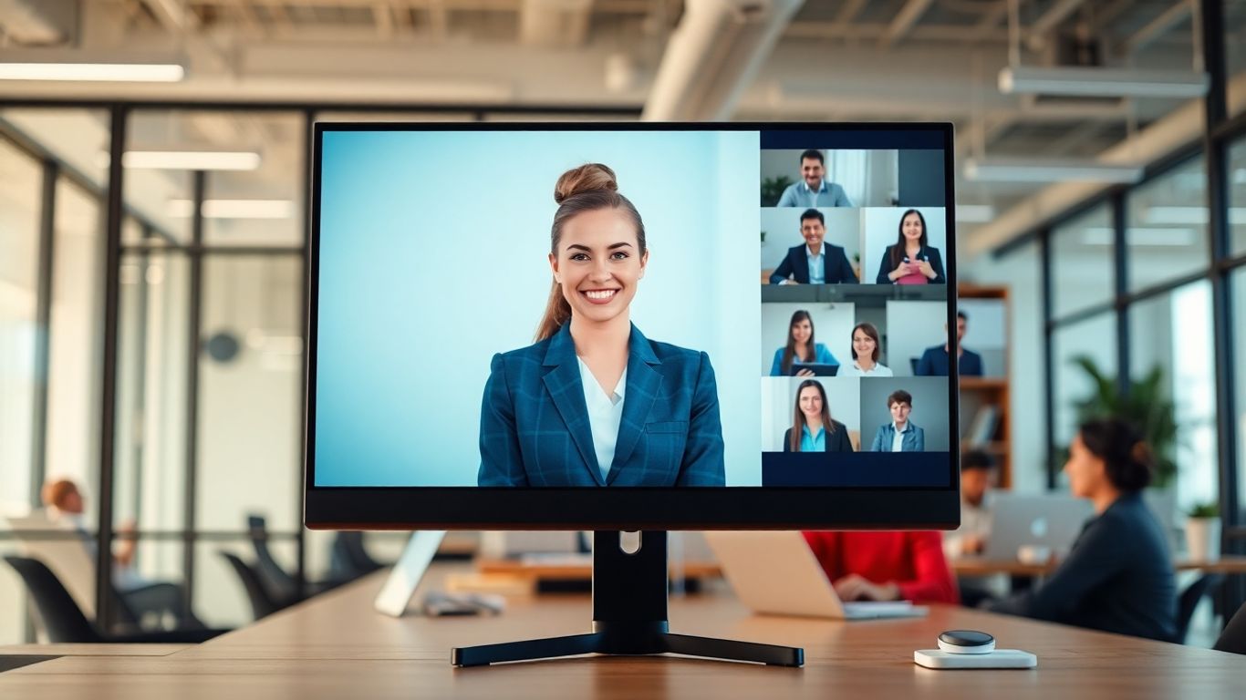 Virtual receptionist assisting remote team in modern office.