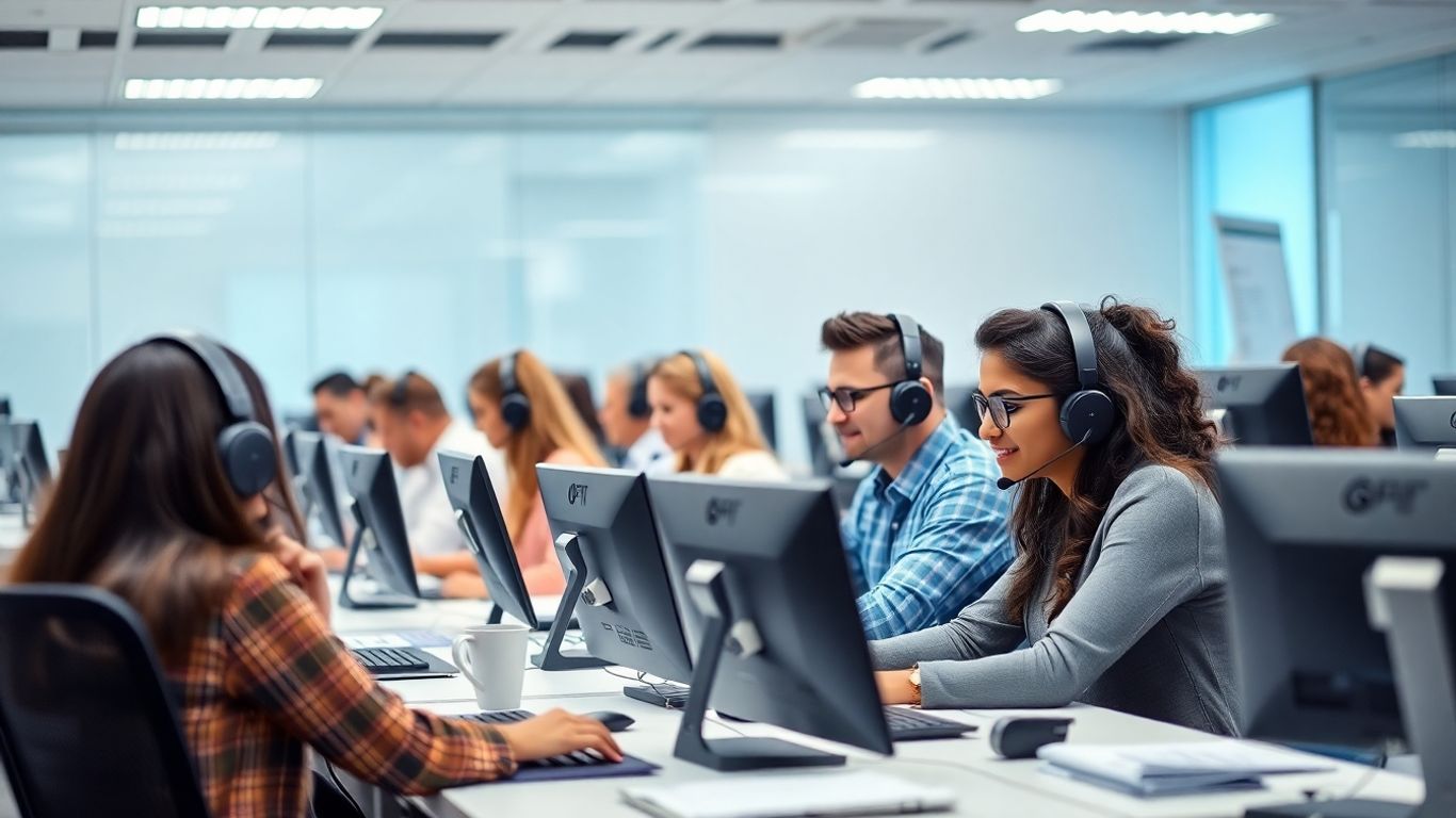 Call center agents with headsets in a modern office.