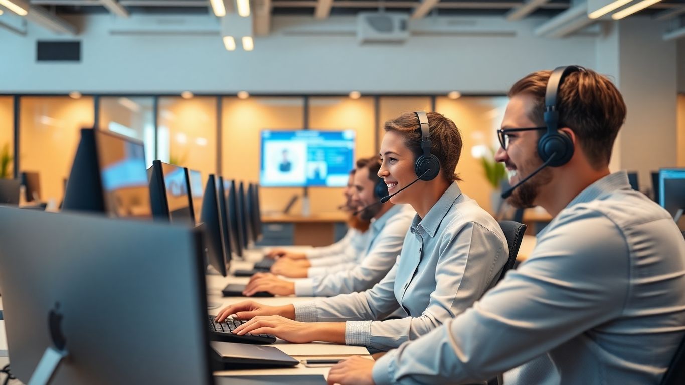 Friendly call center agents using AI-powered computers at desks.