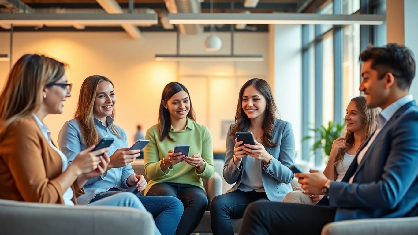 Professionals using smartphones in a modern, welcoming office.