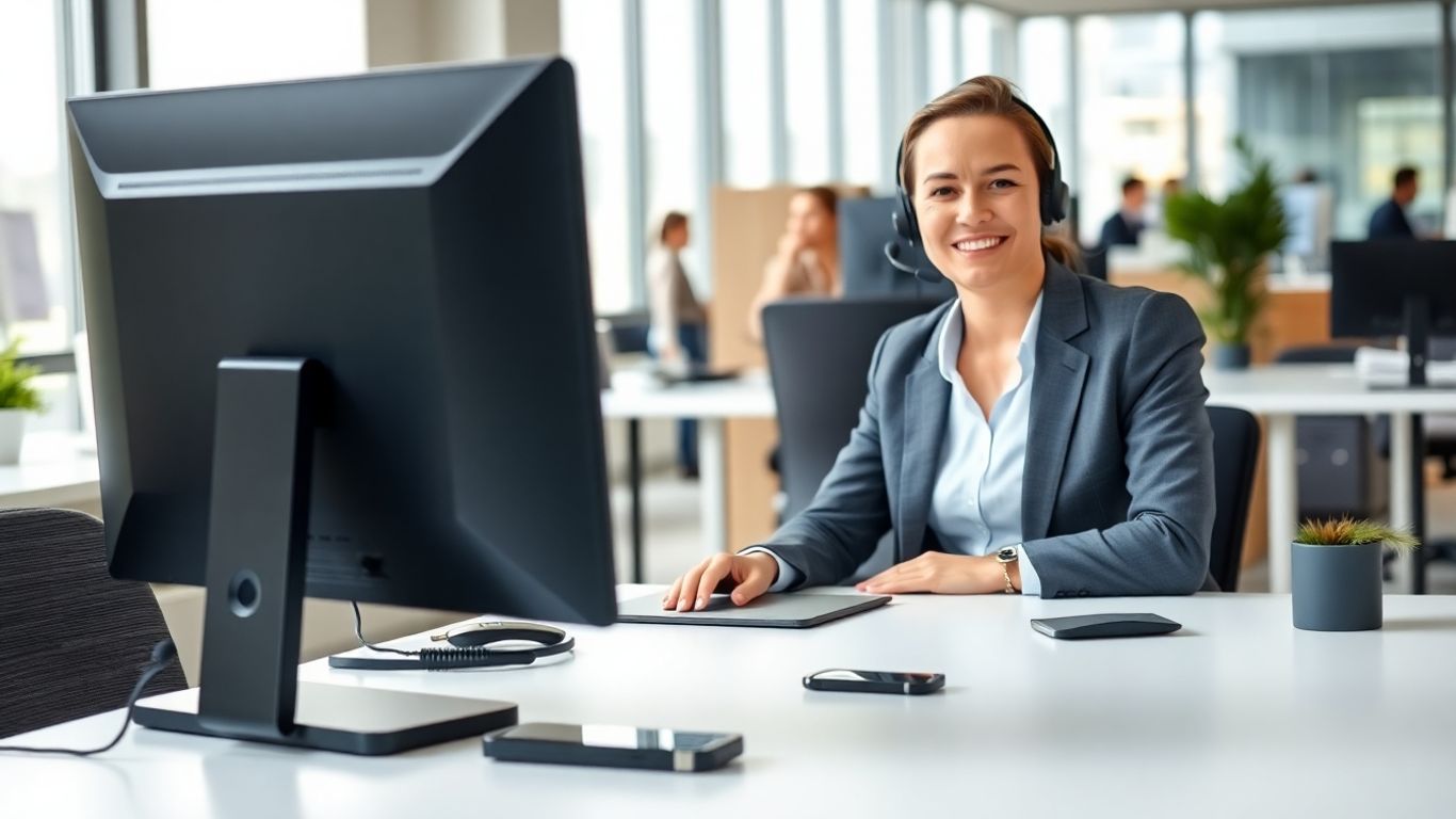 Professional at desk with headset in modern office