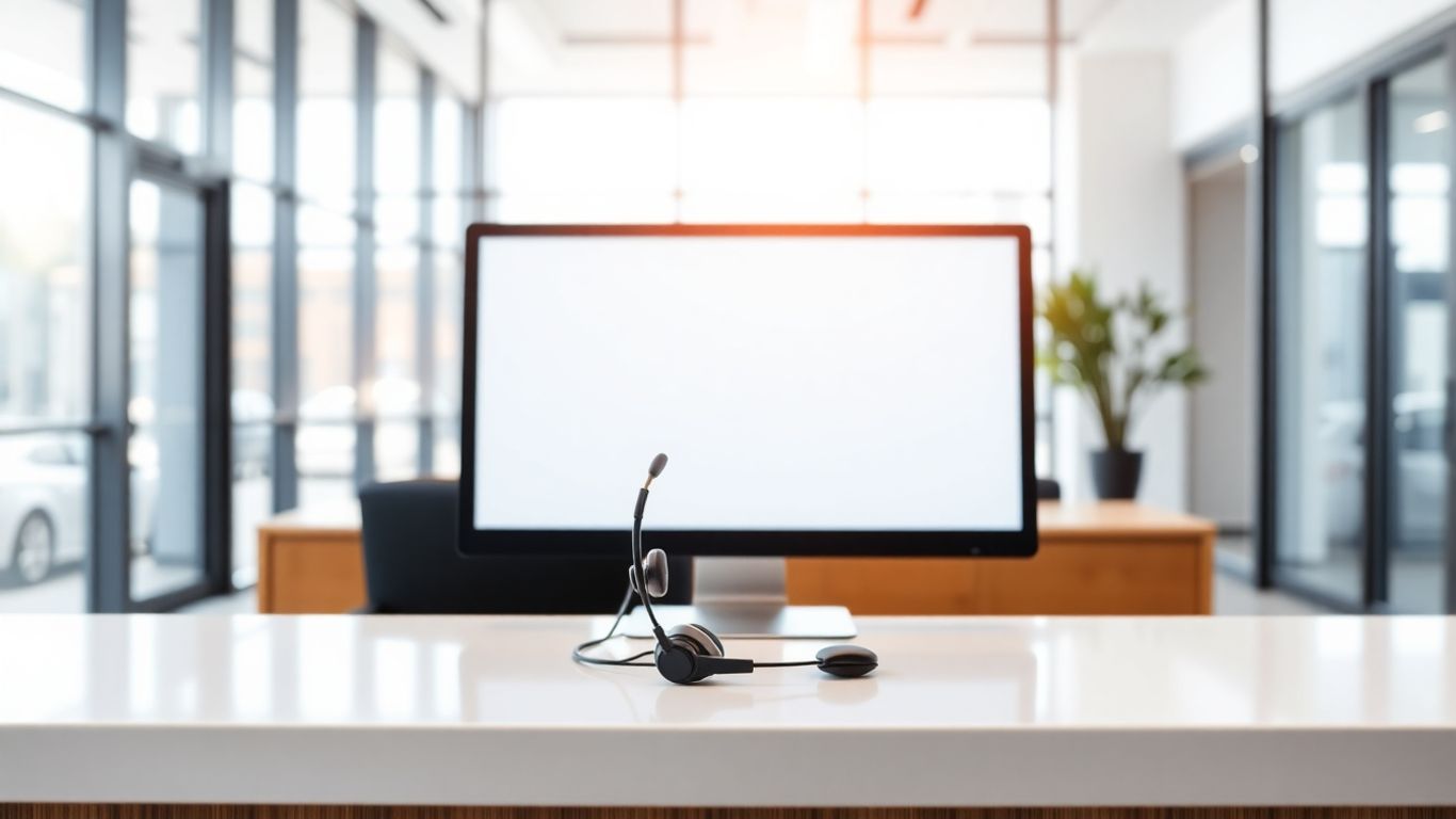 Reception desk with headset and monitor in modern office
