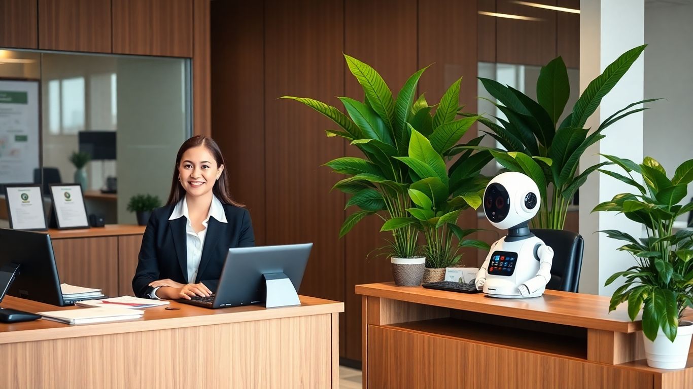 Human receptionist and AI device at modern office desks