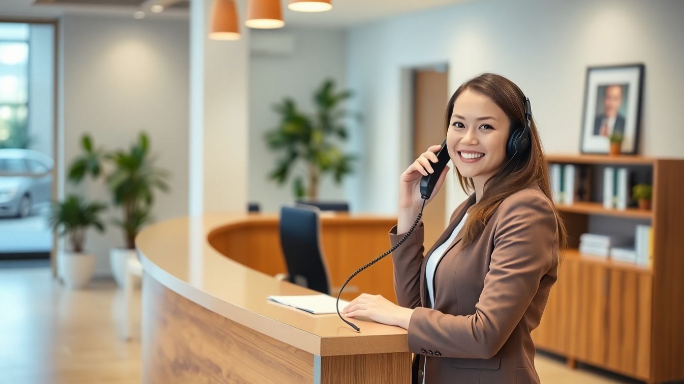 Receptionist answering phone in a modern office lobby.