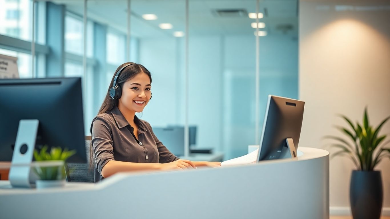 Smiling receptionist with headset at modern office front desk.