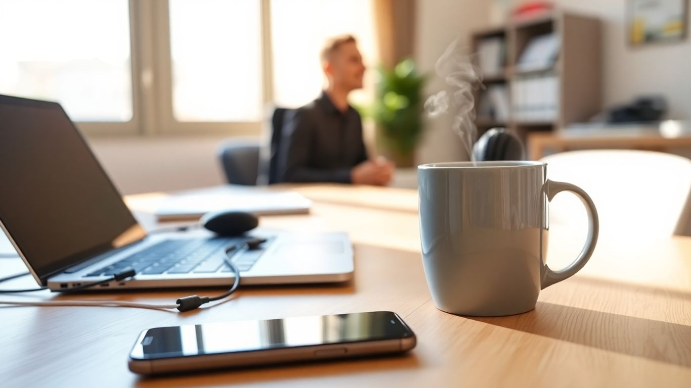 Smiling person at home office desk with headset.
