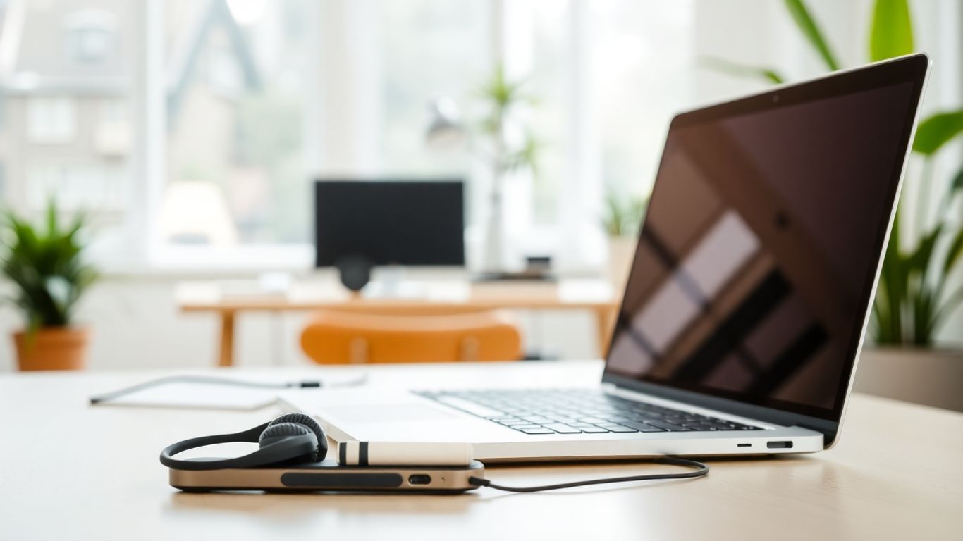 Headset, smartphone, and laptop on organized desk workspace.