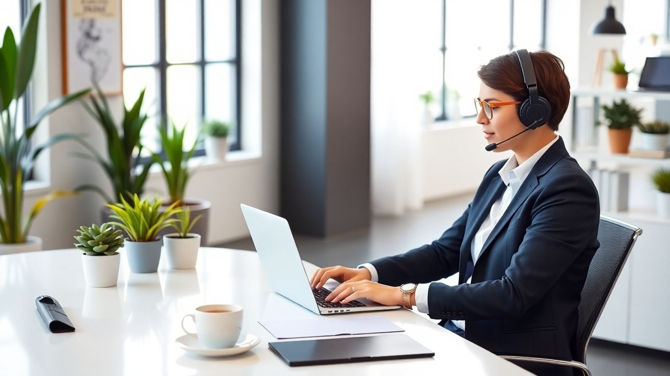 Person at desk with laptop and headset in office