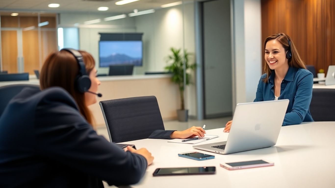 Receptionist using headset in modern office with devices.
