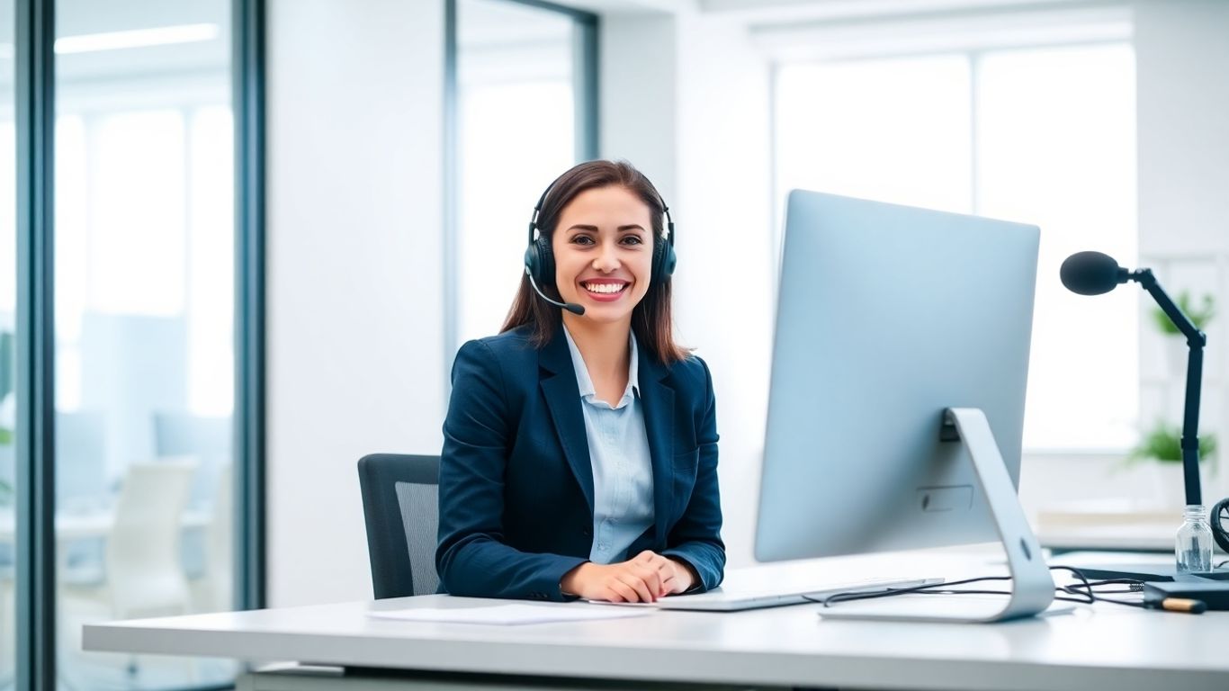 Receptionist with headset in modern office setting