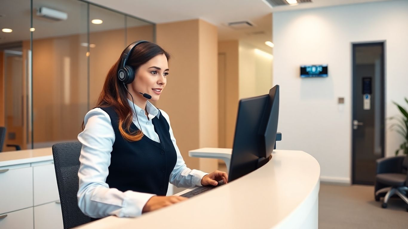 Receptionist with headset in secure modern office environment.