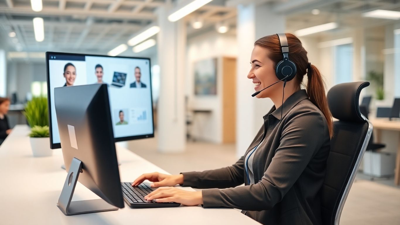 Virtual receptionist wearing headset assisting client remotely