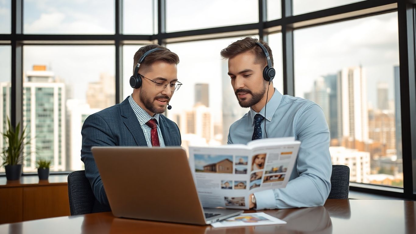 Realtor with headset working in modern office space