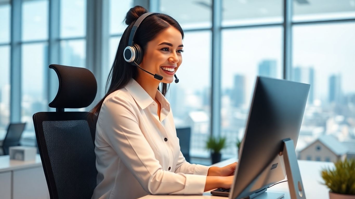 Virtual receptionist assisting clients in a modern real estate office.