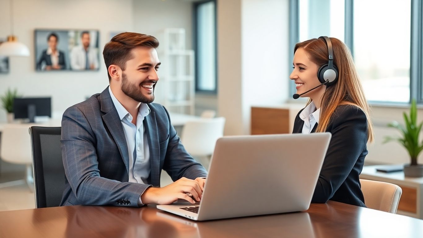Realtor video chatting with virtual receptionist at office desk