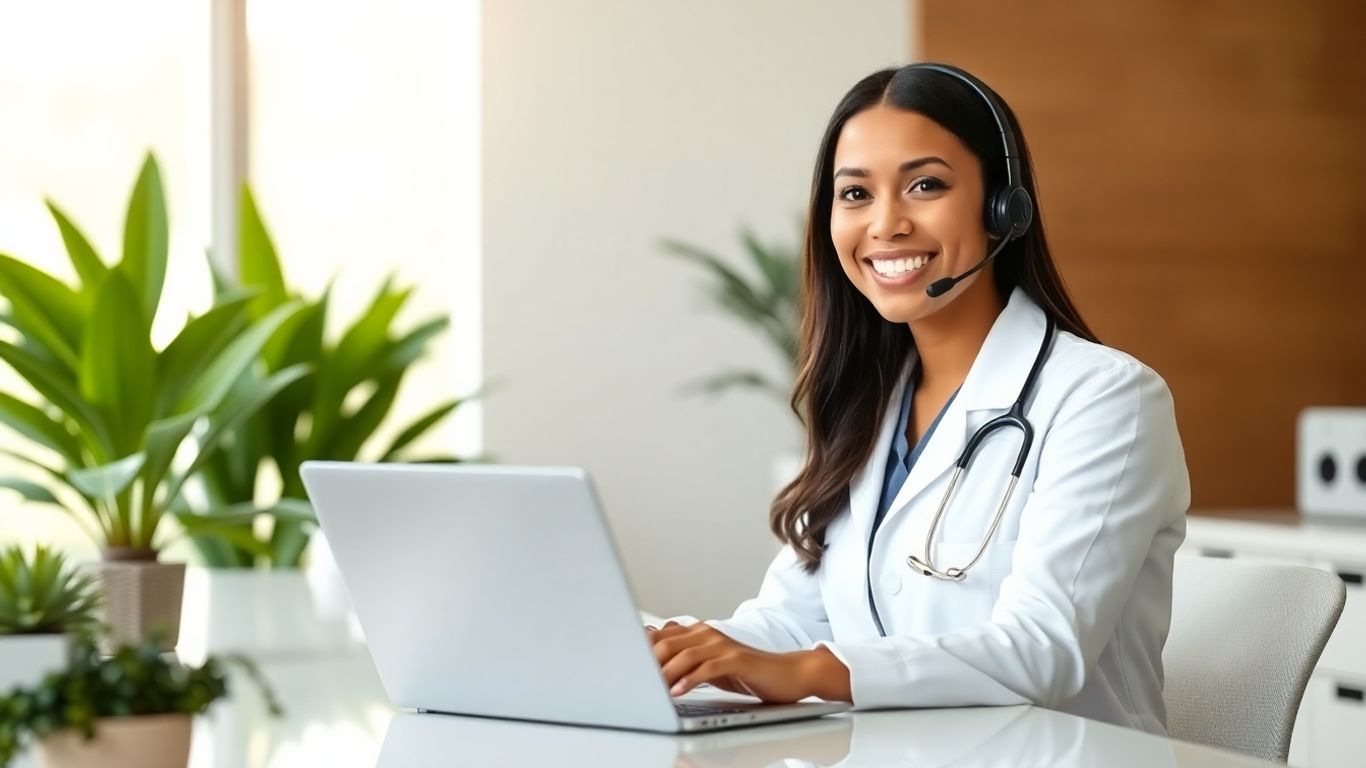 Virtual receptionist with headset in a modern medical office