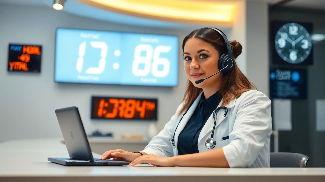 Medical receptionist at desk with night and day background.