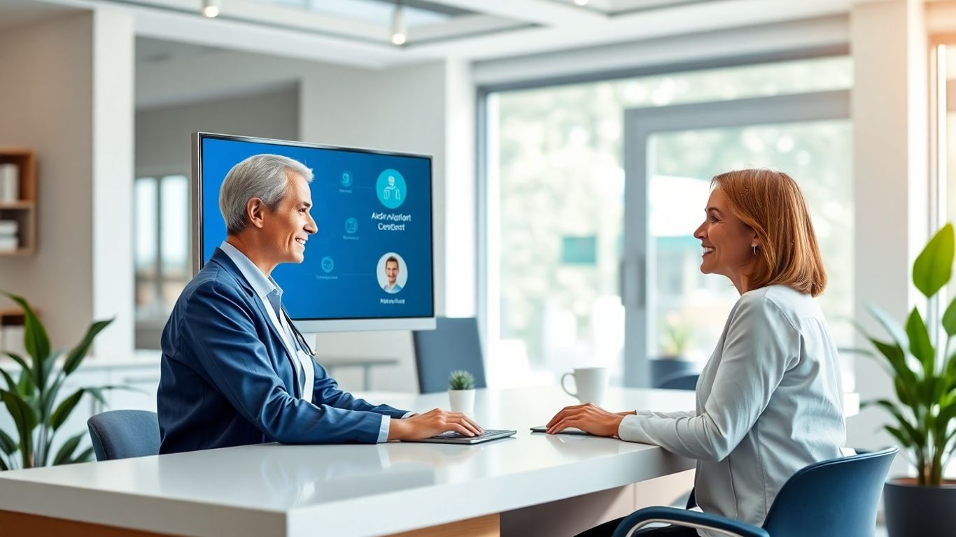 AI virtual receptionist assisting patient in modern clinic