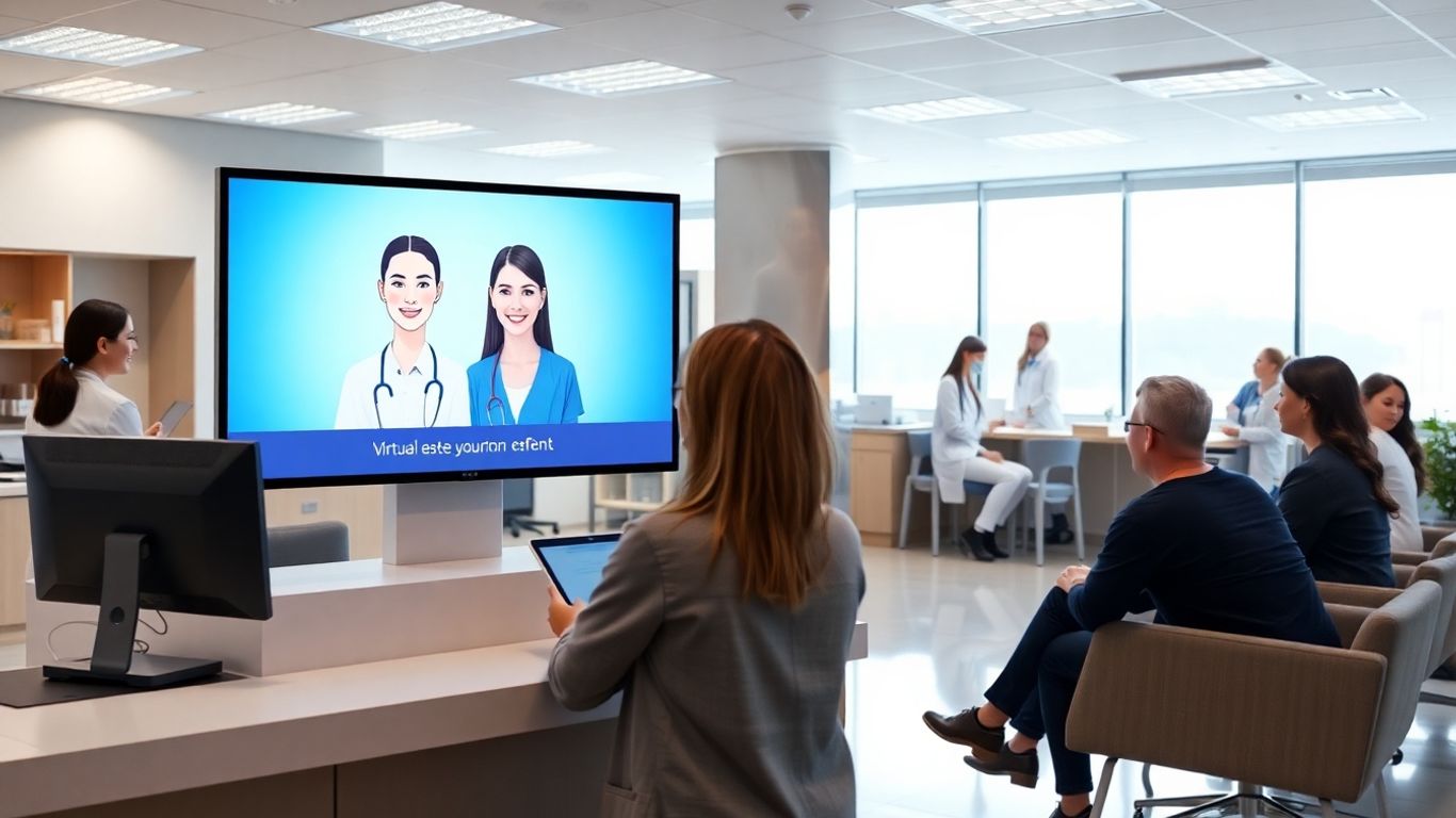 Virtual assistant monitor in a modern medical reception area.