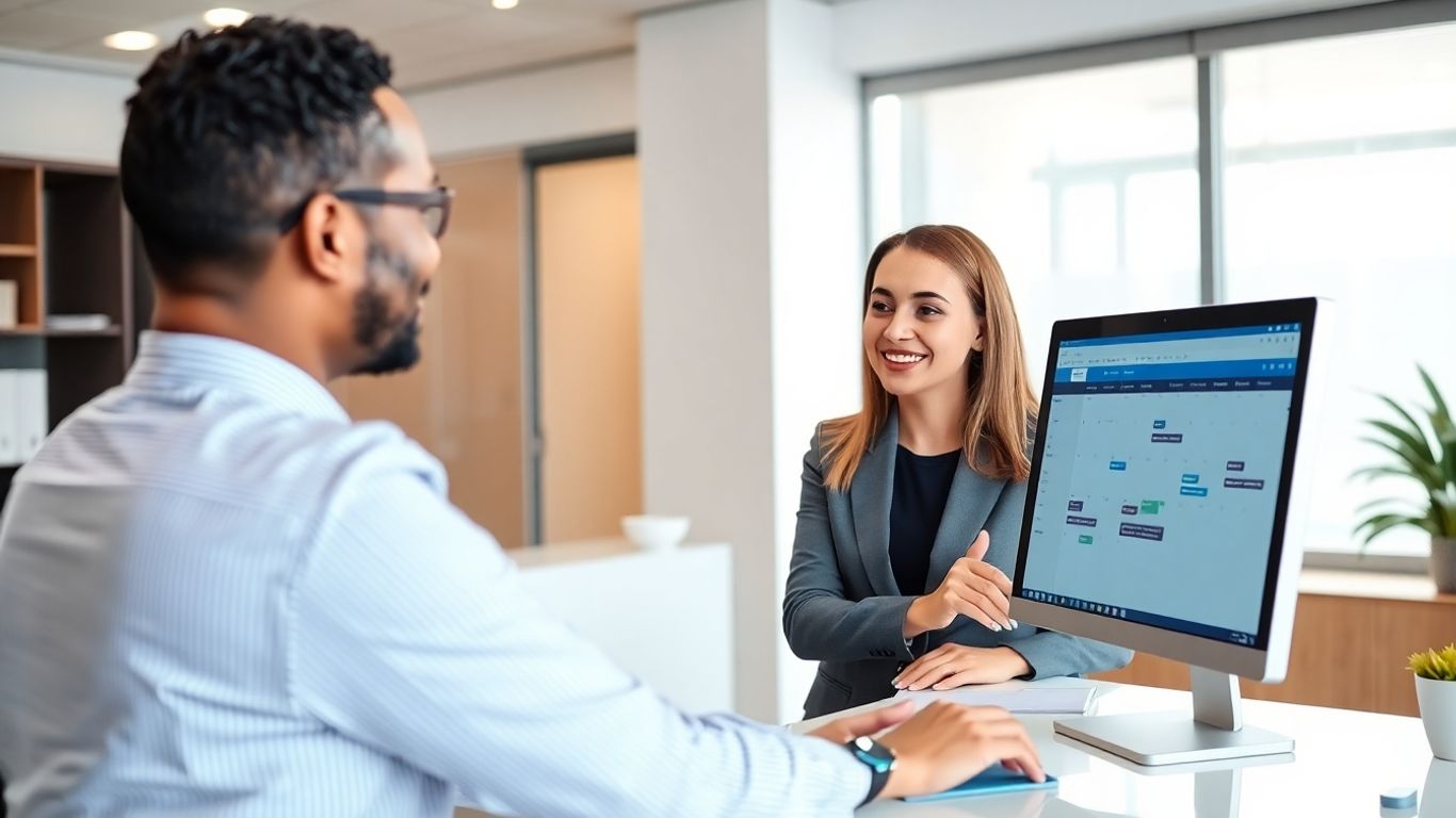 Receptionist manages appointments with client at law office.
