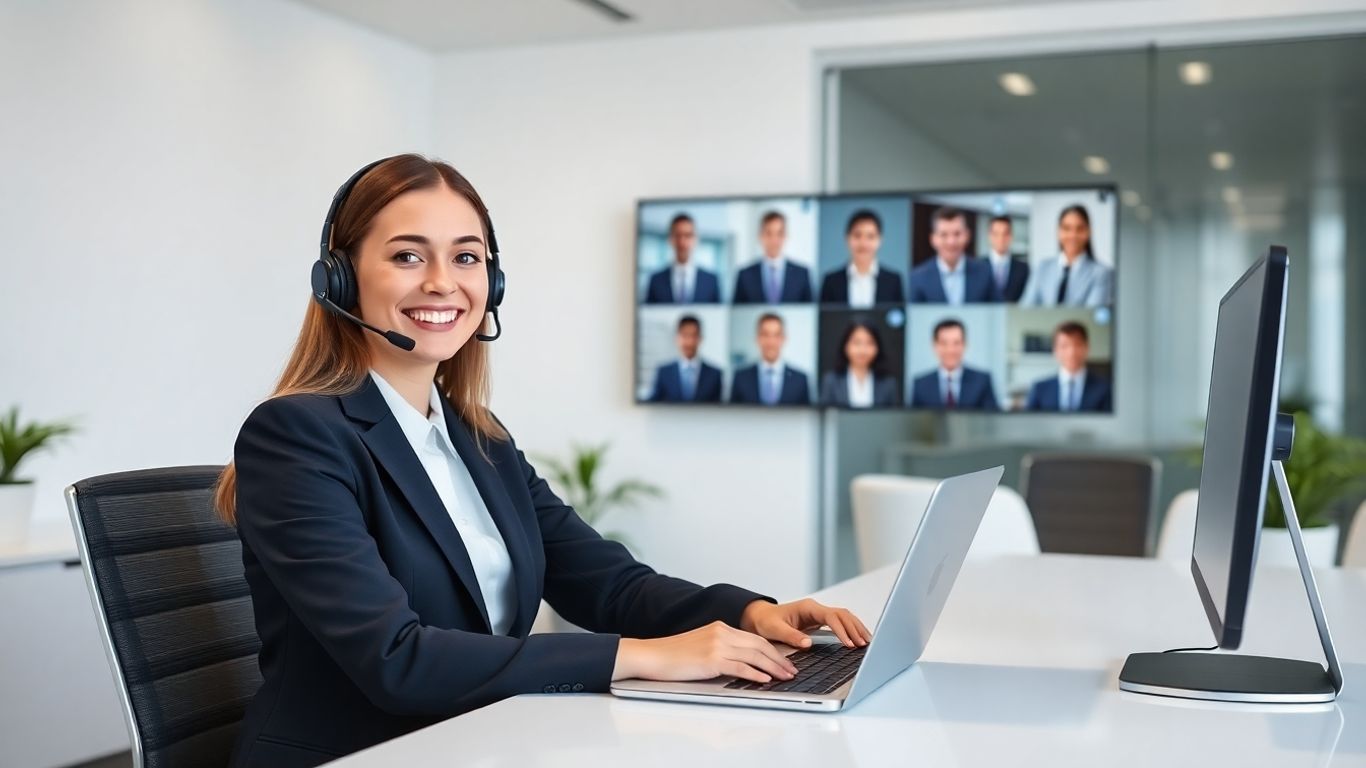 Virtual receptionist video conferencing with law firm team.