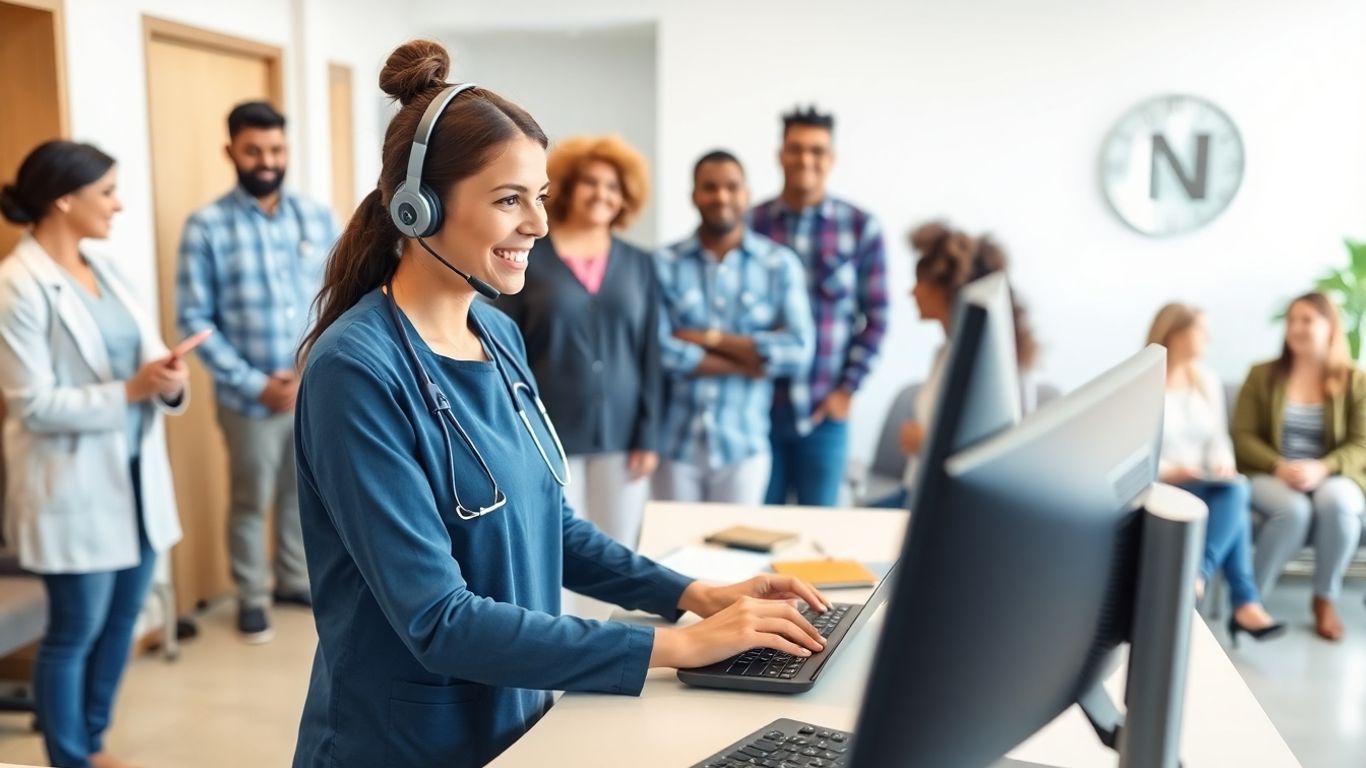Receptionist with headset assisting patients in bright medical office.