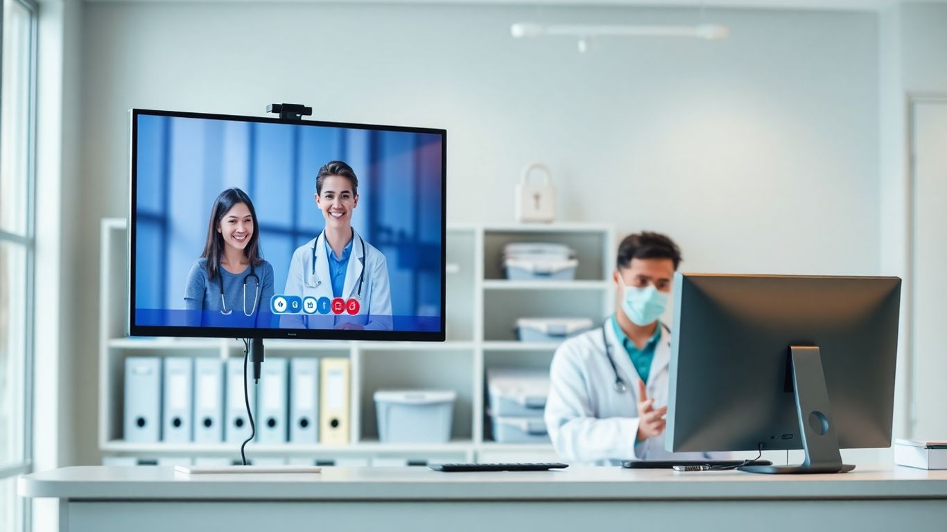 Doctor talking with virtual receptionist in modern office.