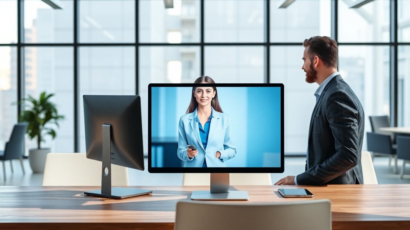 Virtual receptionist assisting professional in bright modern office