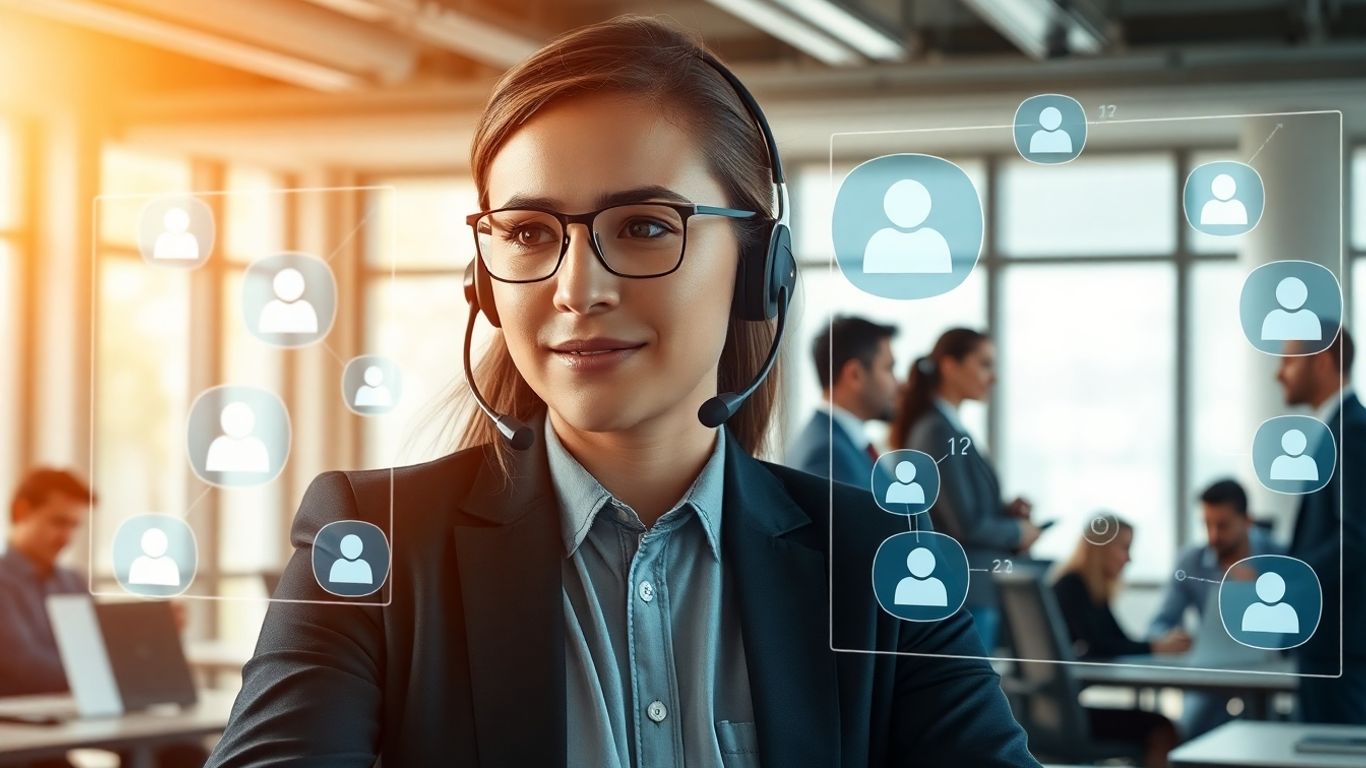 Office receptionist with headset using virtual communication tech