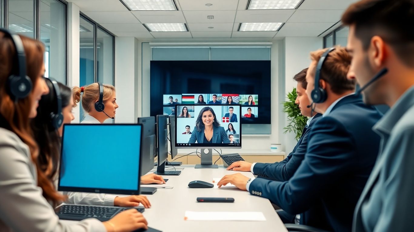 Virtual receptionist helping diverse clients in modern office.