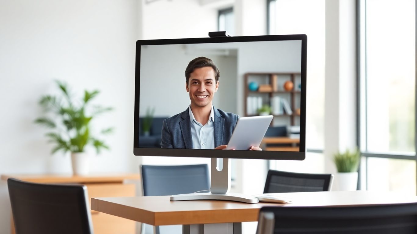 Businessperson speaks with virtual receptionist on office computer screen.