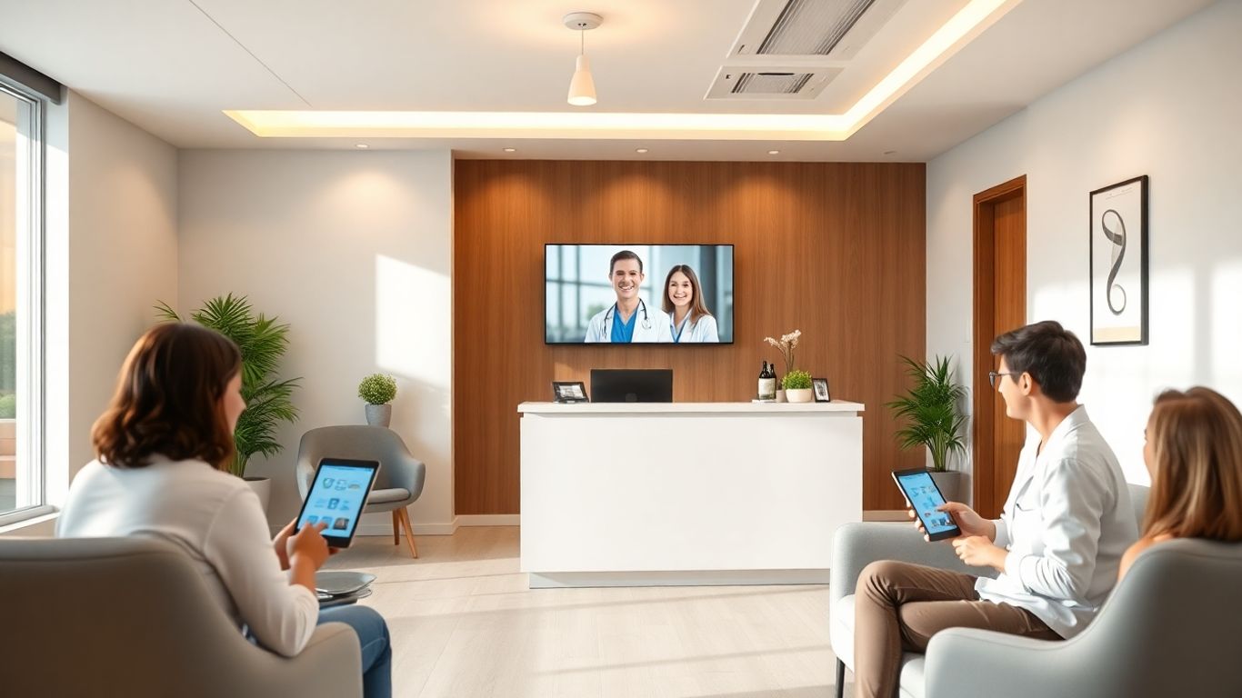 Virtual receptionist assisting patients in modern medical practice office.