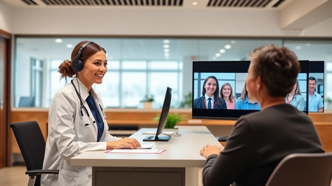 Receptionist with headset assisting patients in medical office