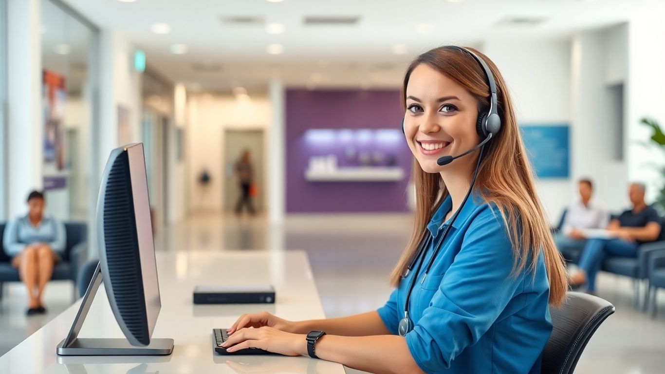 Medical receptionist with headset at clinic front desk