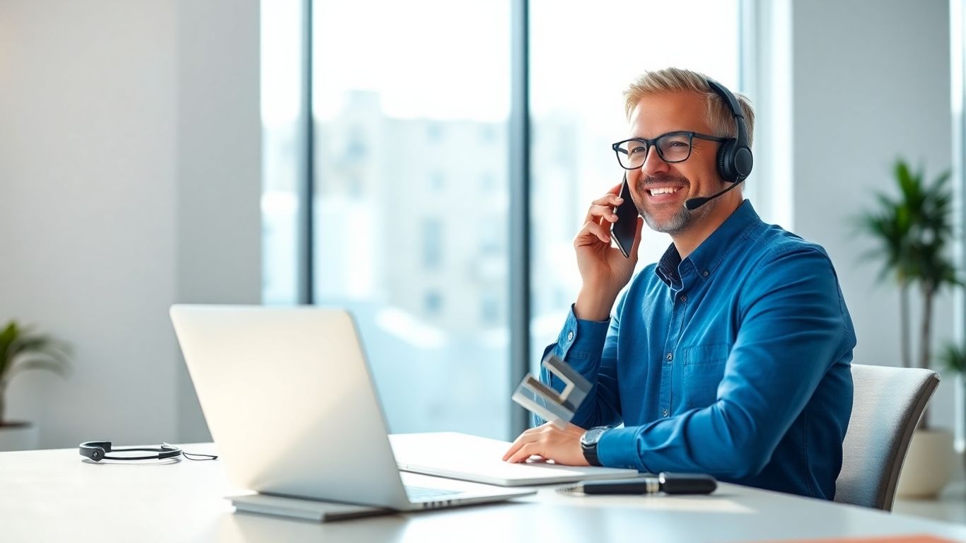 Smiling business owner using virtual receptionist in office