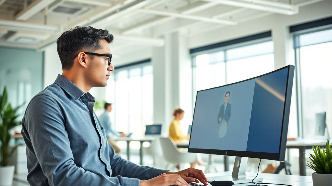 Small business owner interacting with virtual receptionist computer screen