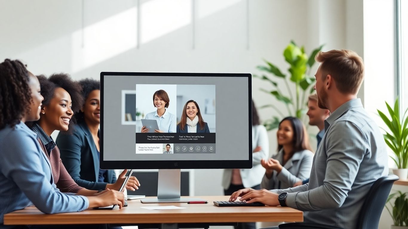 Team in office using AI receptionist on computer.