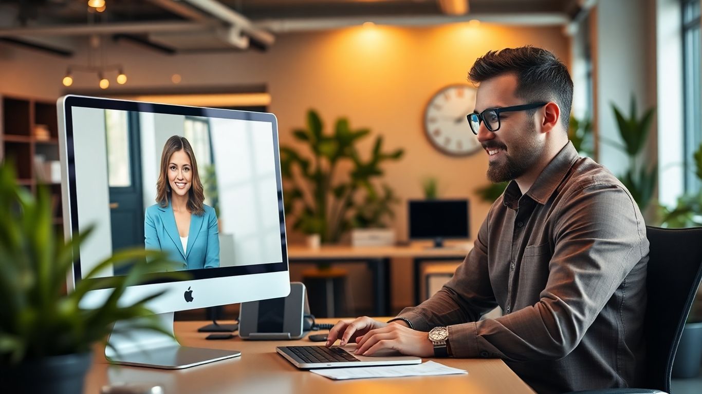 Small business owner video chatting with virtual receptionist