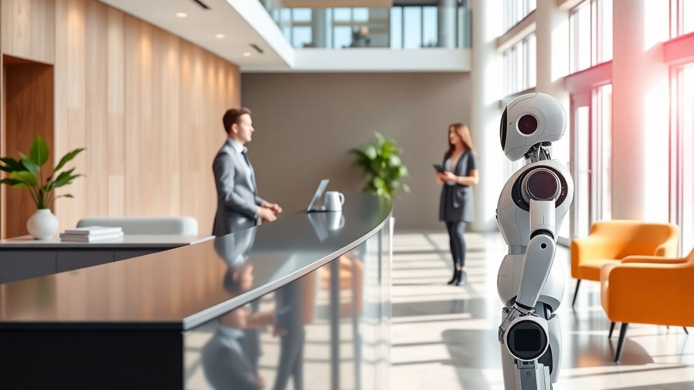 AI robot greets professional at bright, modern office desk