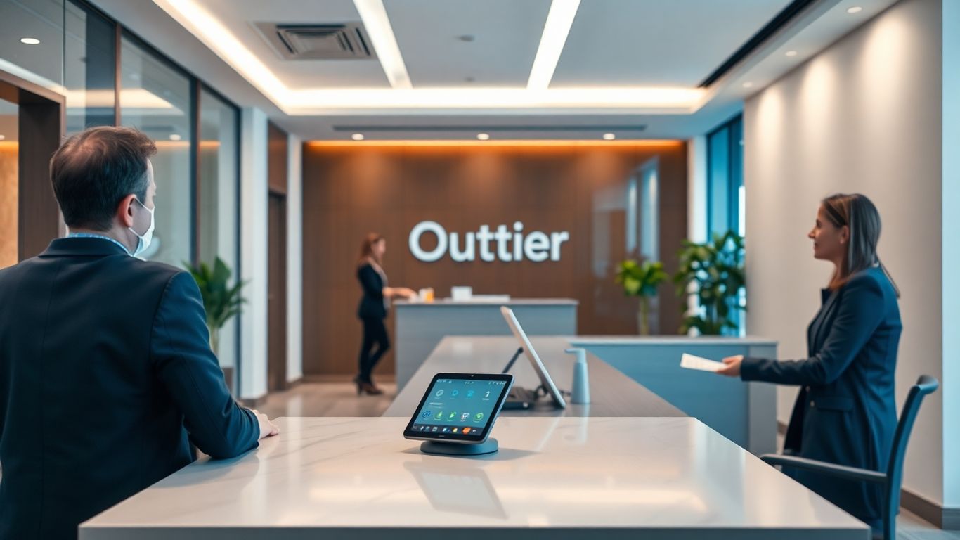 Modern office reception with digital device and welcoming atmosphere.