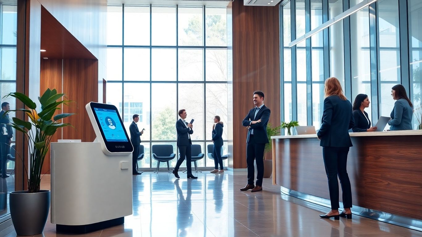 AI kiosk and human receptionist greet people in office lobby.