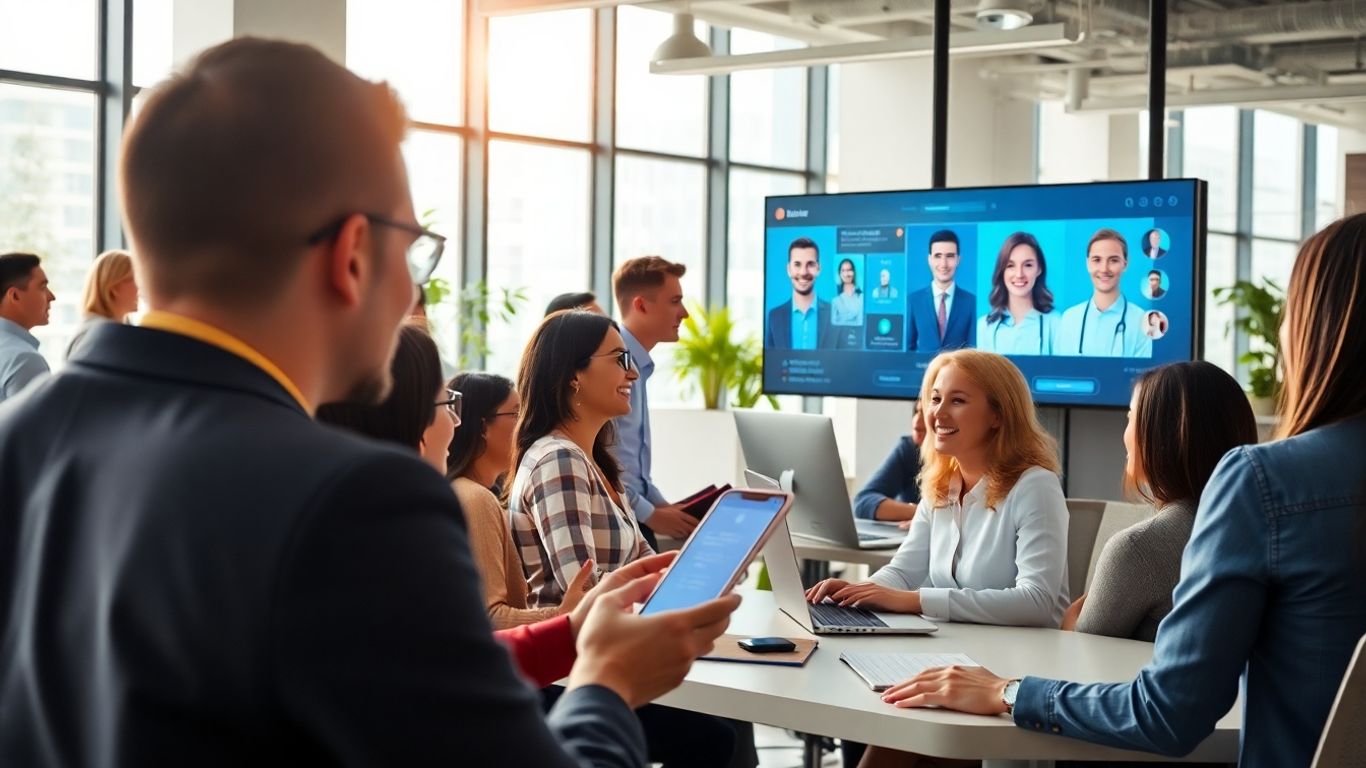 Professionals interact with AI avatars in a bright office.