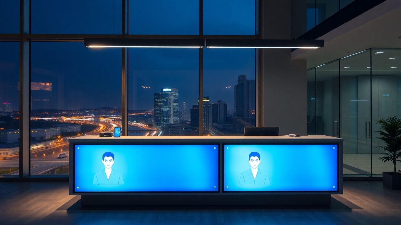 Modern office with digital assistants at night