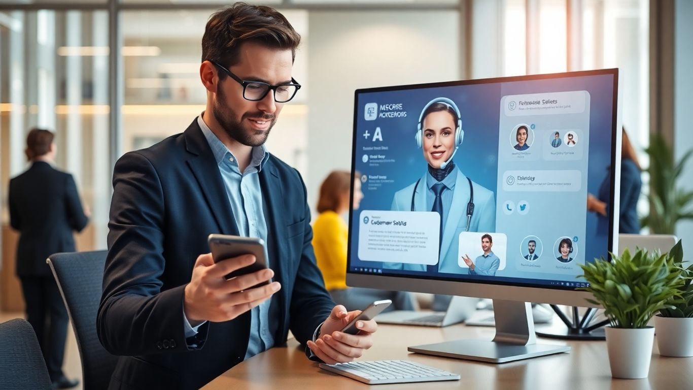 Businessperson interacts with AI avatar on computer screen