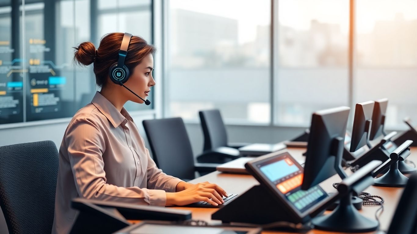 AI receptionist speaking to customers in busy office