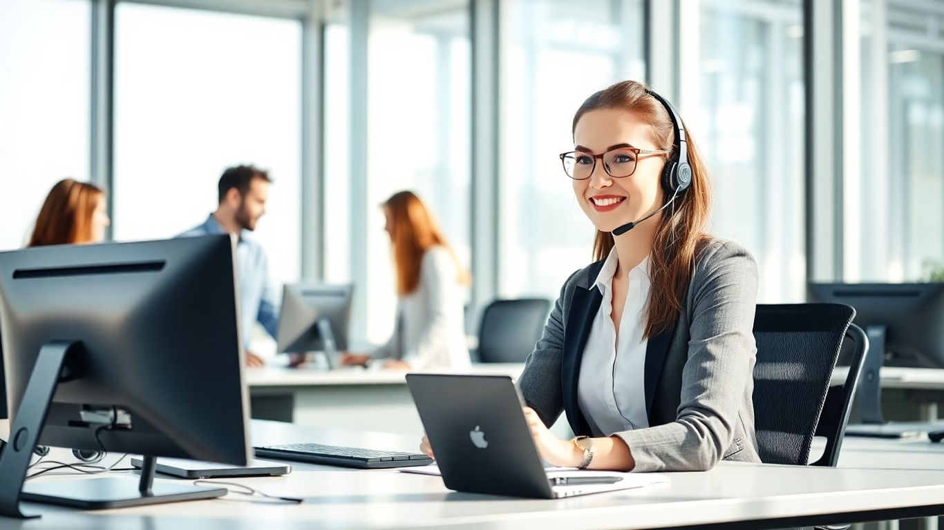 Customer service agent using AI technology in bright office